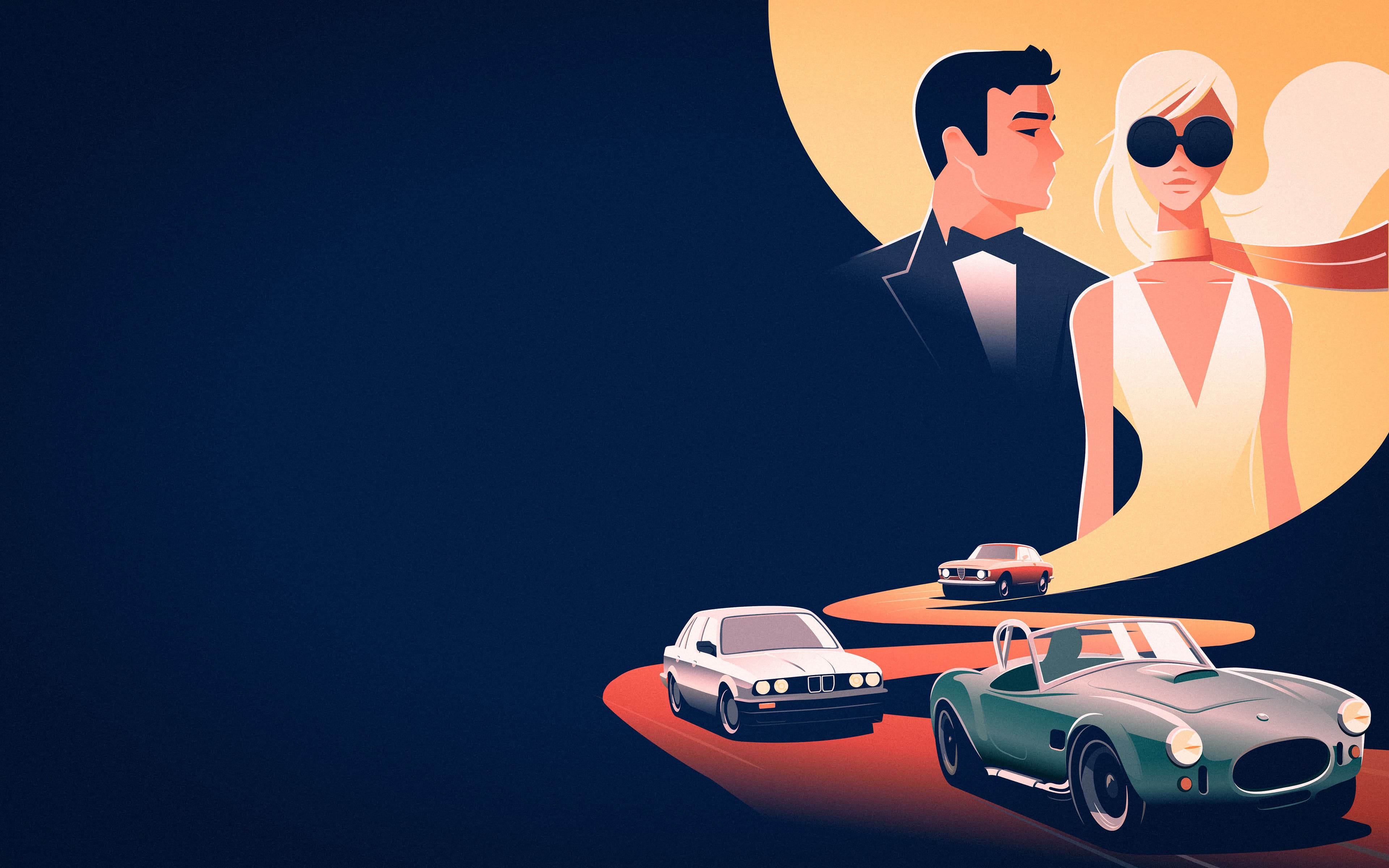 Classic cars and a dapper couple driving into the sunset